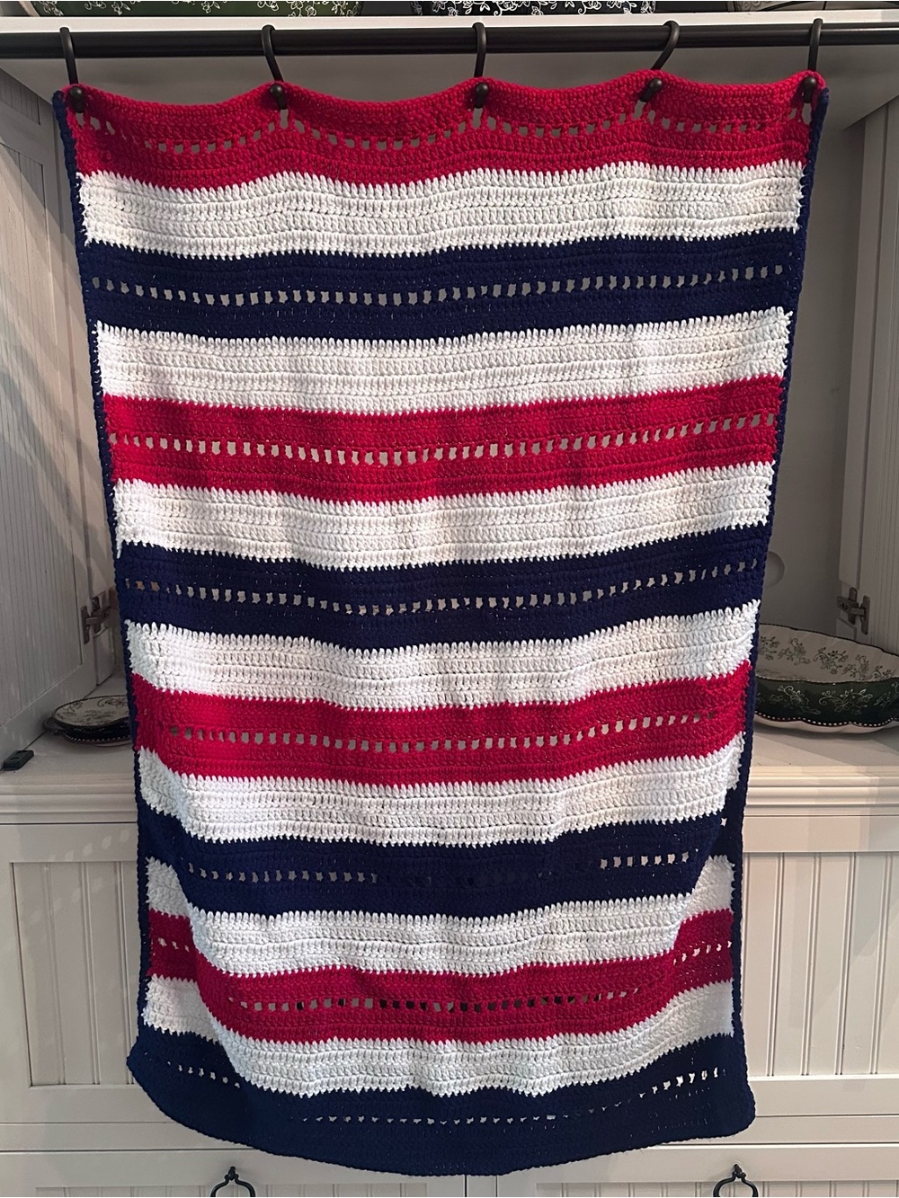 Handmade Red, White & Navy Striped Crochet Throw Blanket - 28x45in